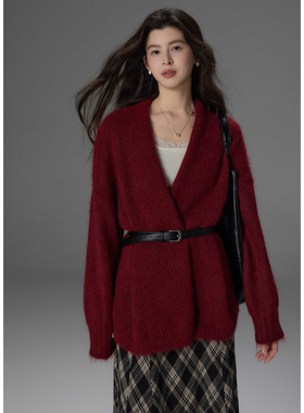 贰羊设计【雨间奏】慵懒V领红色毛衣女软糯加厚宽松休闲开衫外套