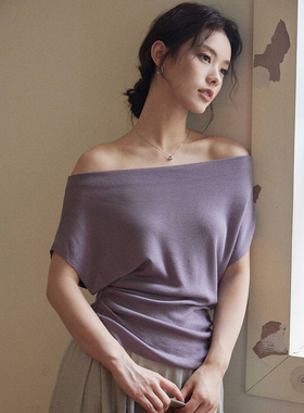 贰羊设计【梦令】高智感1oo天丝斜肩设计感上衣女慵懒短袖针织衫