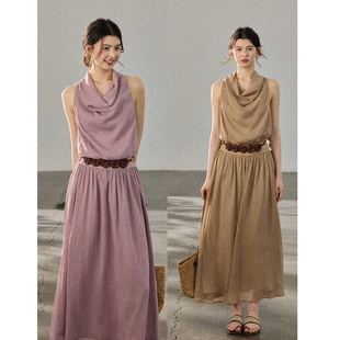 垂感度假背心长裙 气质荡领挂脖雪纺连衣裙女新款 贰羊设计 非晚