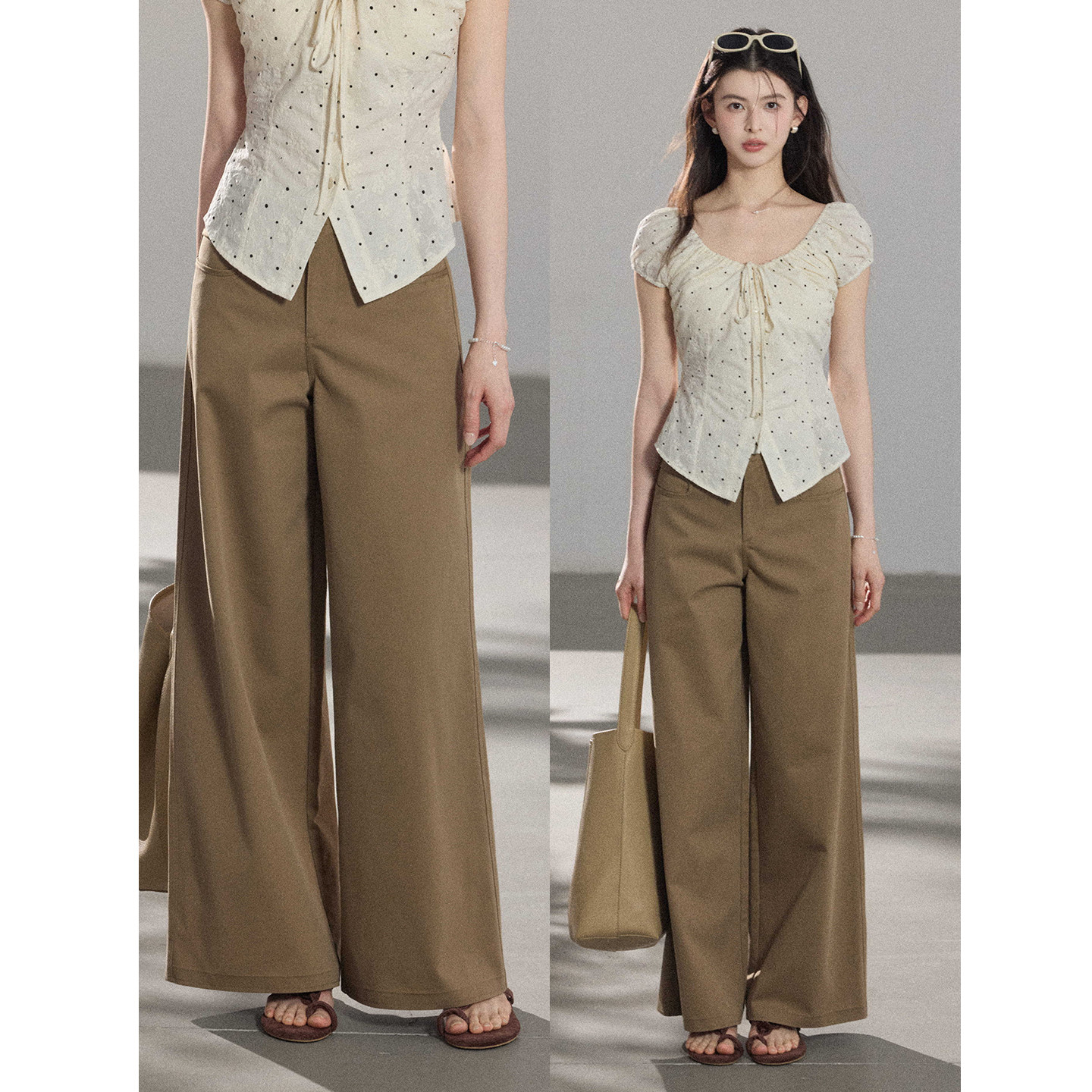 贰羊设计【苍刃】美式复古松弛工装休闲裤女抗皱卡其色长裤弯刀裤