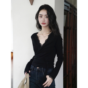 显瘦内搭打底衫 贰羊设计 修身 舒芷 黑色蕾丝v领针织上衣女秋季