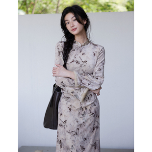 贰羊设计【现货8折】【晨露】重工蝴蝶印花旗袍连衣裙子女气质裙