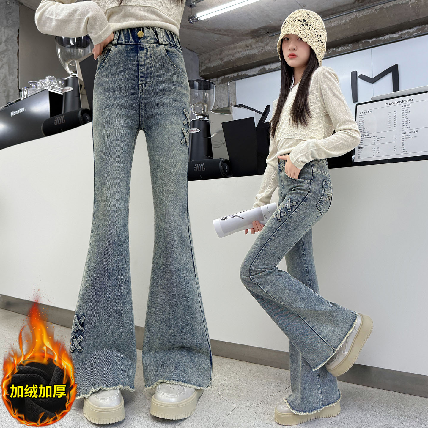 一体绒女童微喇牛仔裤秋冬装