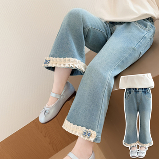 中小女童花边牛仔喇叭裤春装2026新款洋气百搭微喇裤宝宝甜美裤子