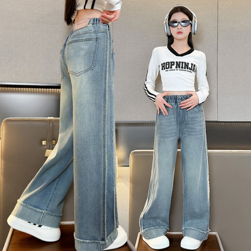 女大童春秋牛仔阔腿裤2026新款