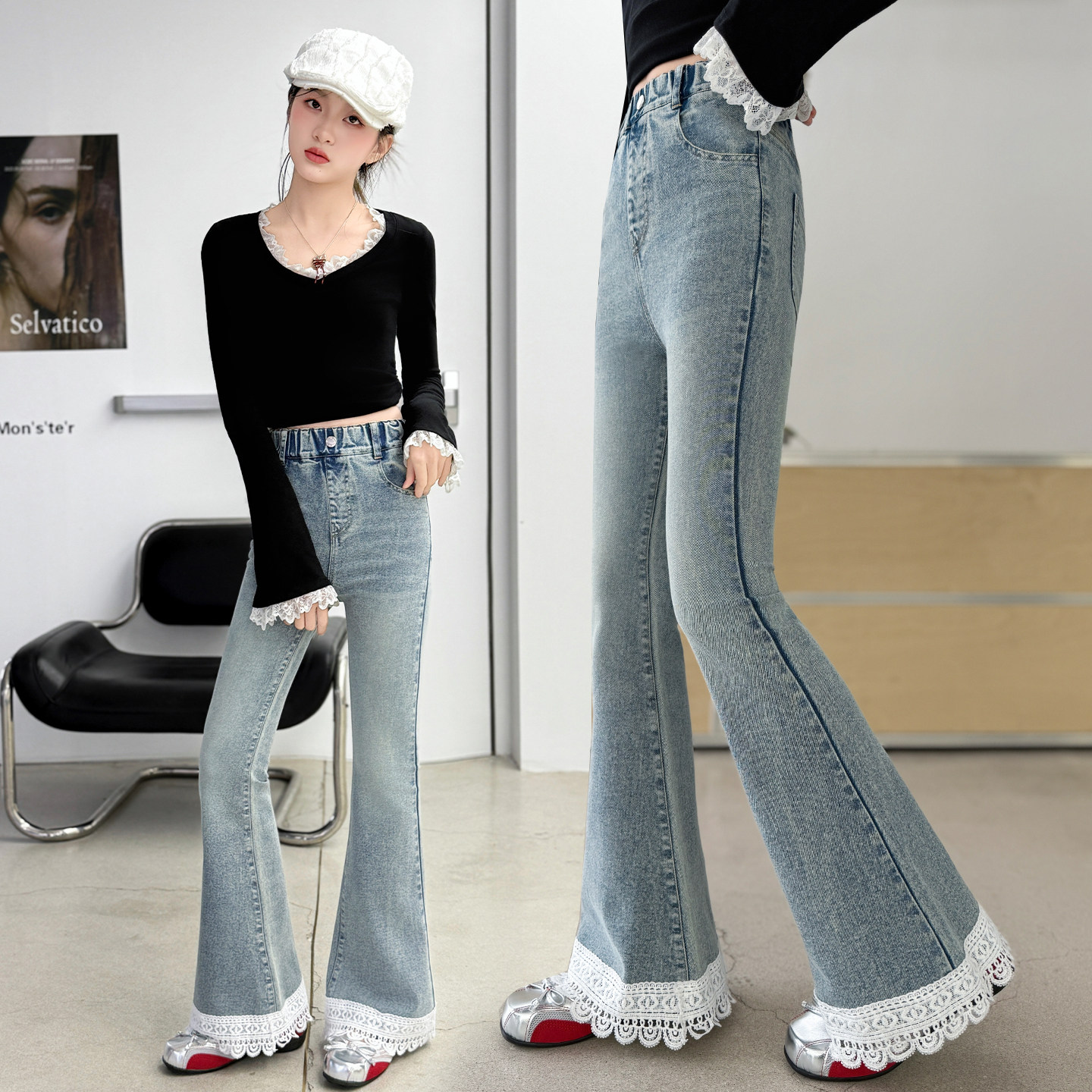 弹力女童春季装花边牛仔喇叭裤2026新款中大童修身显瘦微喇长裤子