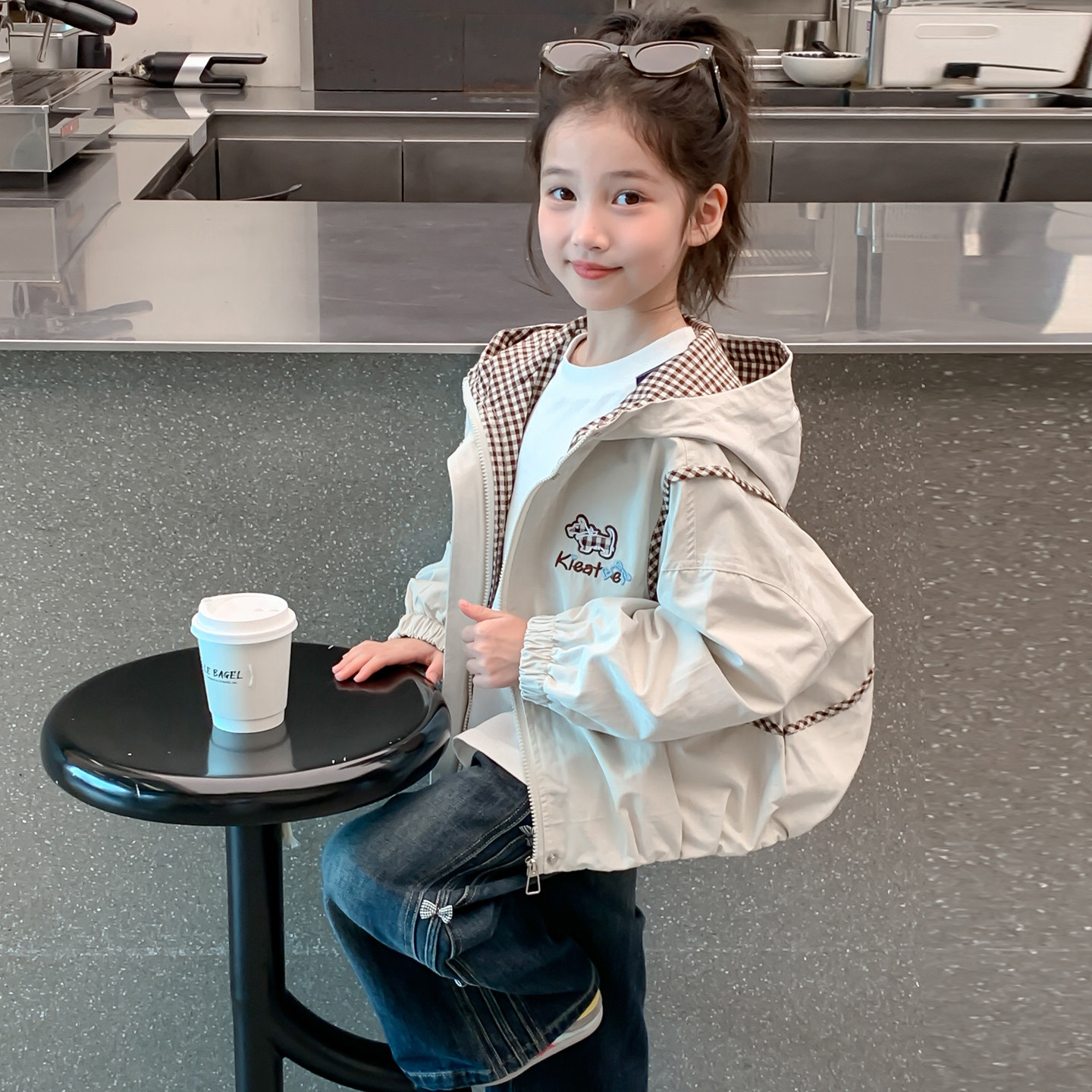 中大女童春装连帽外套2026春秋新款洋气初中生格子拼接夹克上衣潮