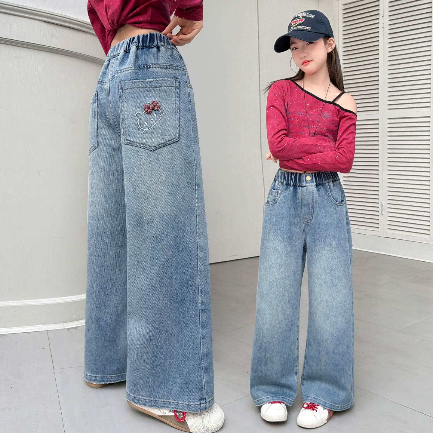 女童牛仔裤春装2026新款中大童刺绣阔腿裤宽松直筒裤学生显瘦裤子,童装/婴儿装/亲子装,儿童牛仔裤,淘宝优惠券,粉丝福利购,淘宝优惠卷