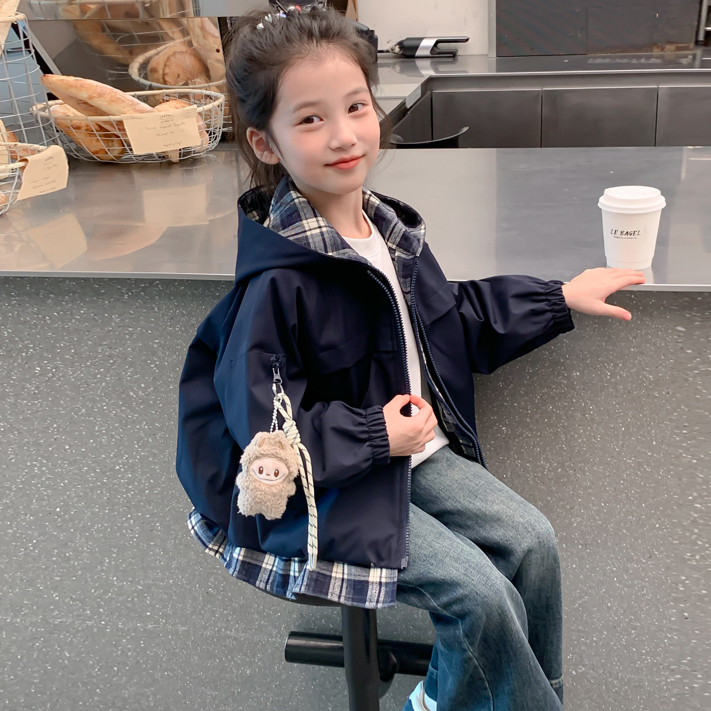 中大女童春装连帽外套春秋新款初中生拼格子拉链夹克长袖夹克上衣