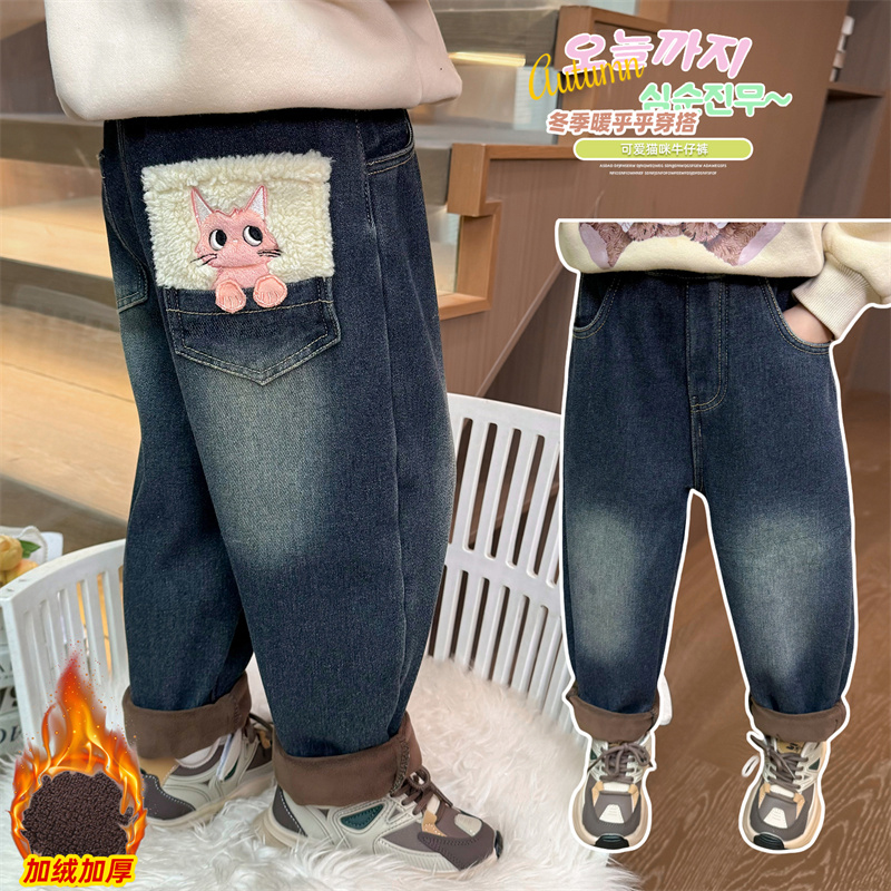 冬季中小女童加绒加厚哈伦牛仔裤