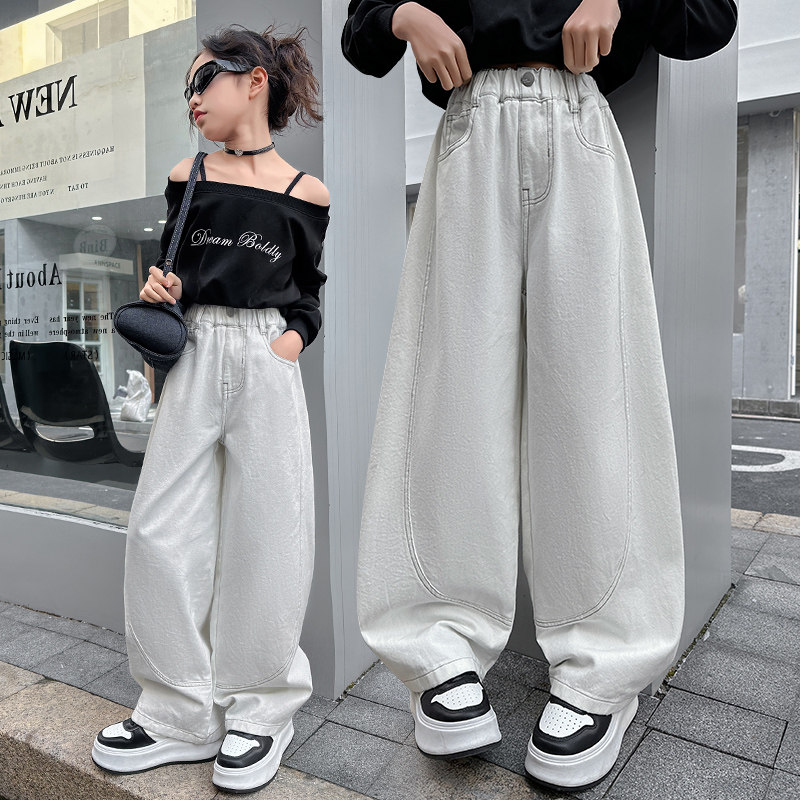 女童春装白色牛仔弯刀裤春秋款洋气阔腿裤宽松休闲裤大童秋季裤子