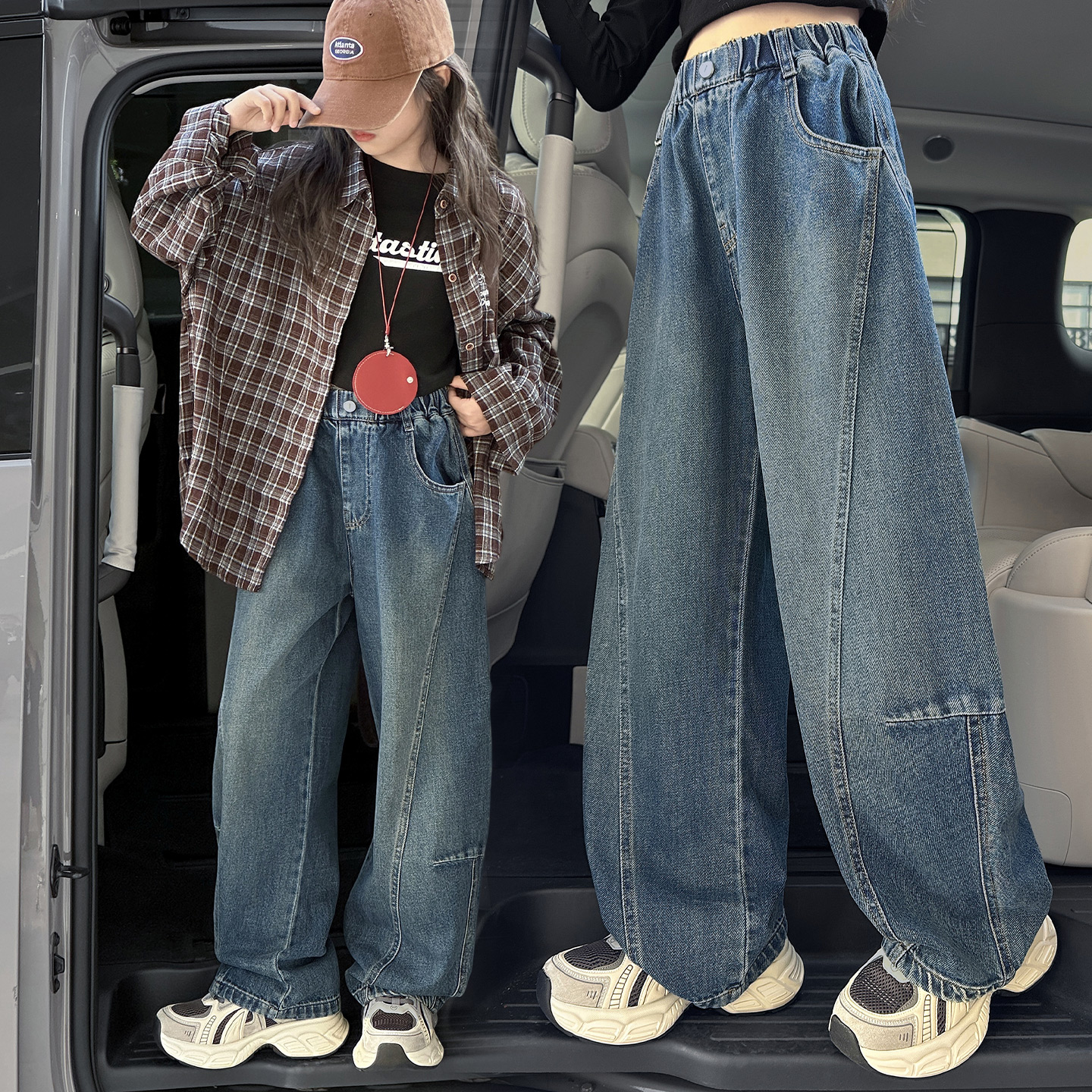 女童春秋外穿宽松弯刀阔腿牛仔裤