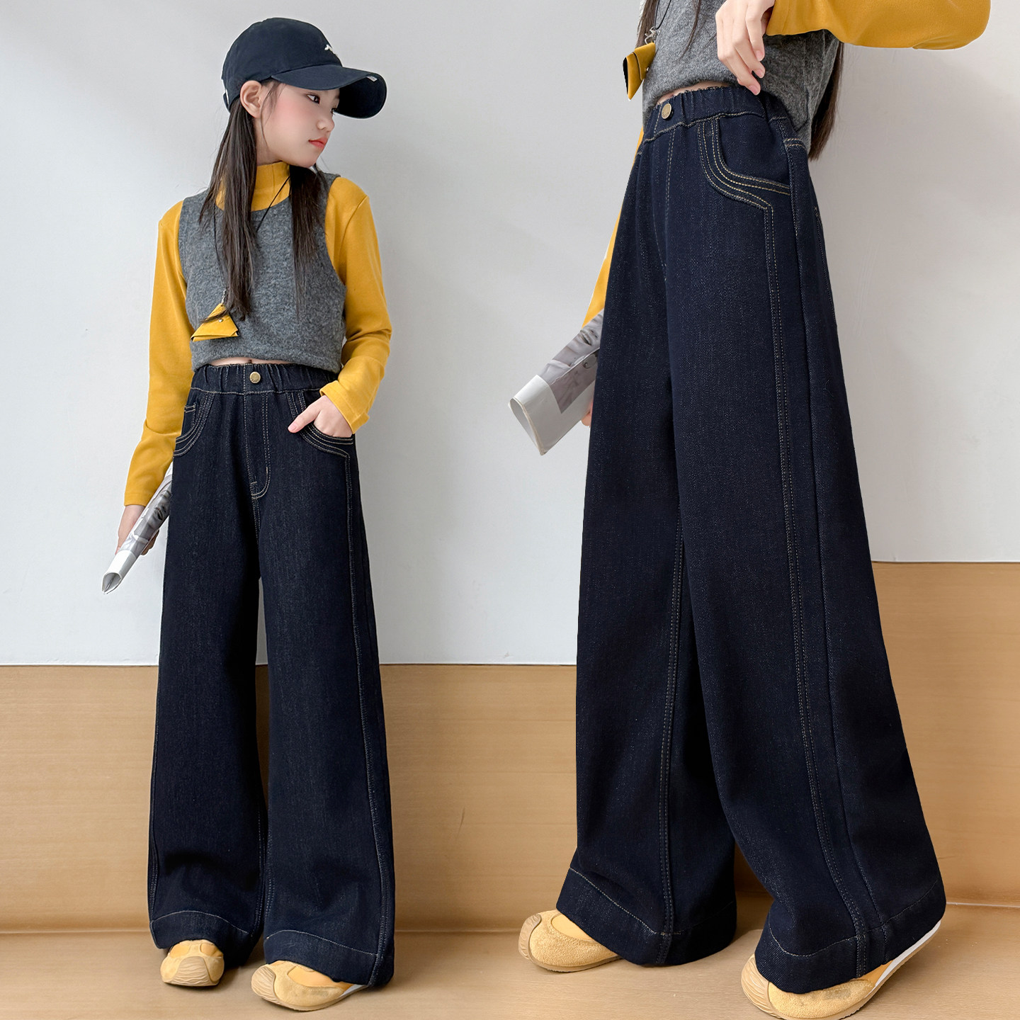 女童春装净色牛仔裤2026新款中大童春秋直筒阔腿裤初中生休闲长裤