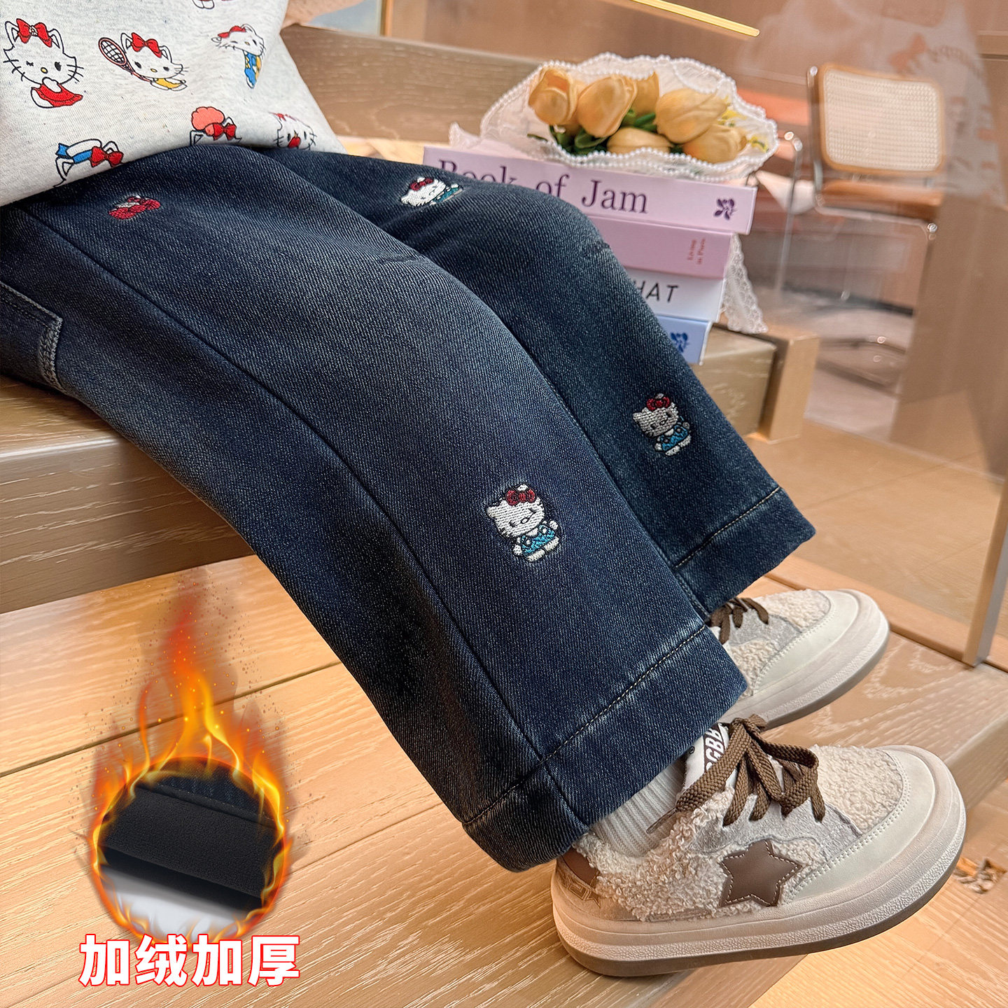 中小女童刺绣弹力加绒牛仔裤外穿宝宝儿童加厚直筒阔腿裤冬季新款