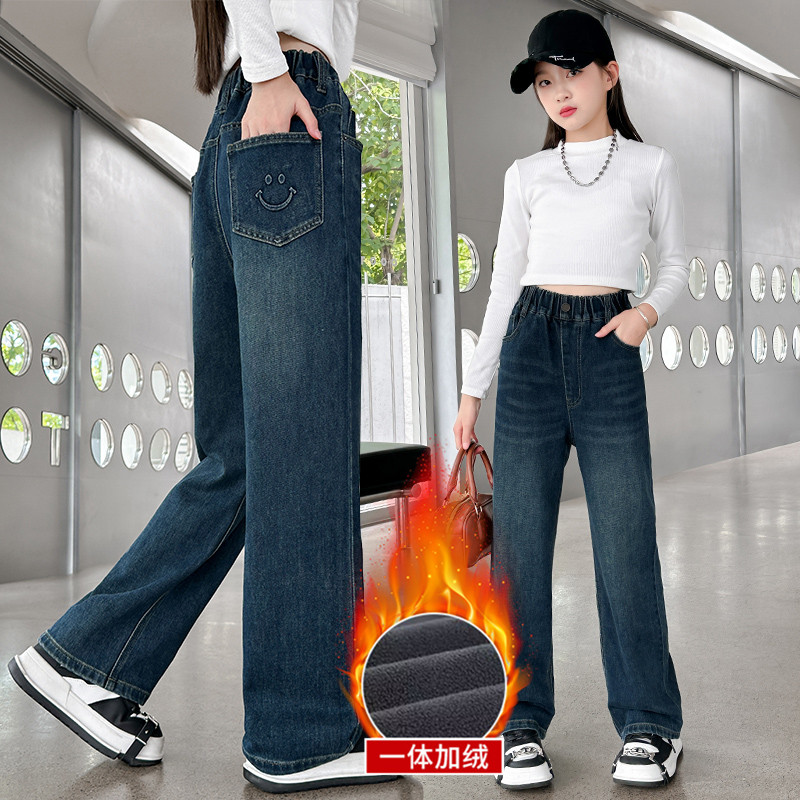 女童加绒牛仔裤外穿秋冬款中学生儿童冬季一体绒宽松直筒阔腿裤子