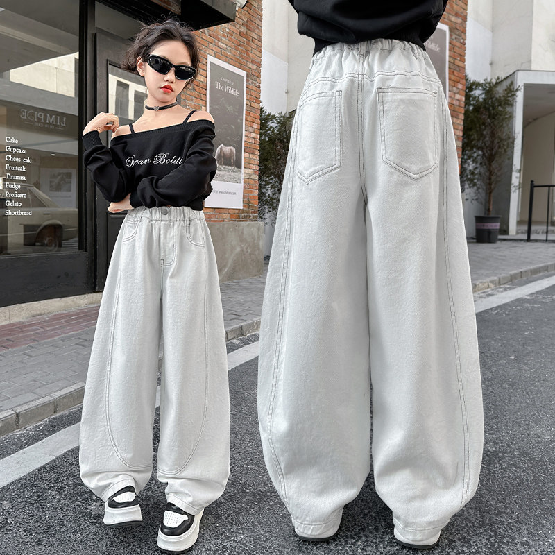 女童白色牛仔阔腿裤中大童直筒休闲长裤洋气初中学生春秋装裤子潮