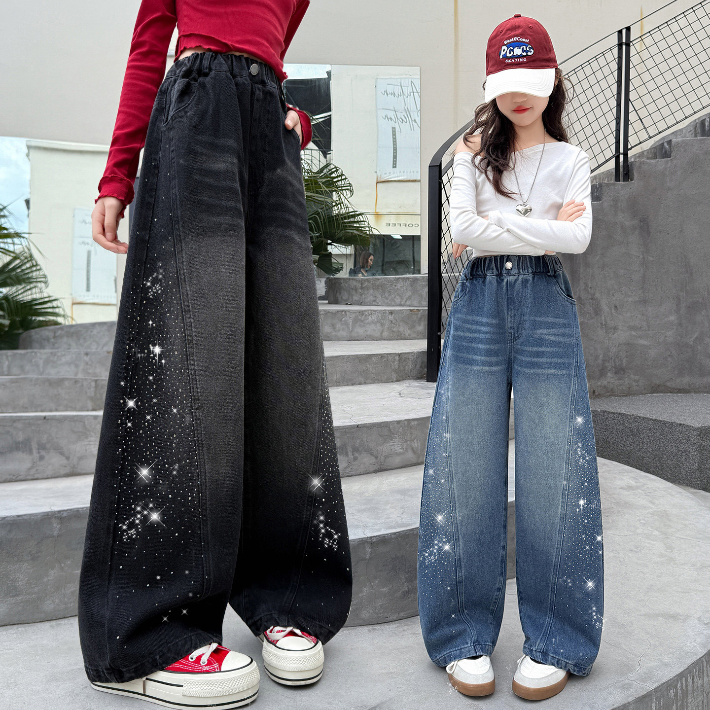 春装女童烫钻弯刀牛仔裤2026新款中大童洋气宽松阔腿裤初中生裤子