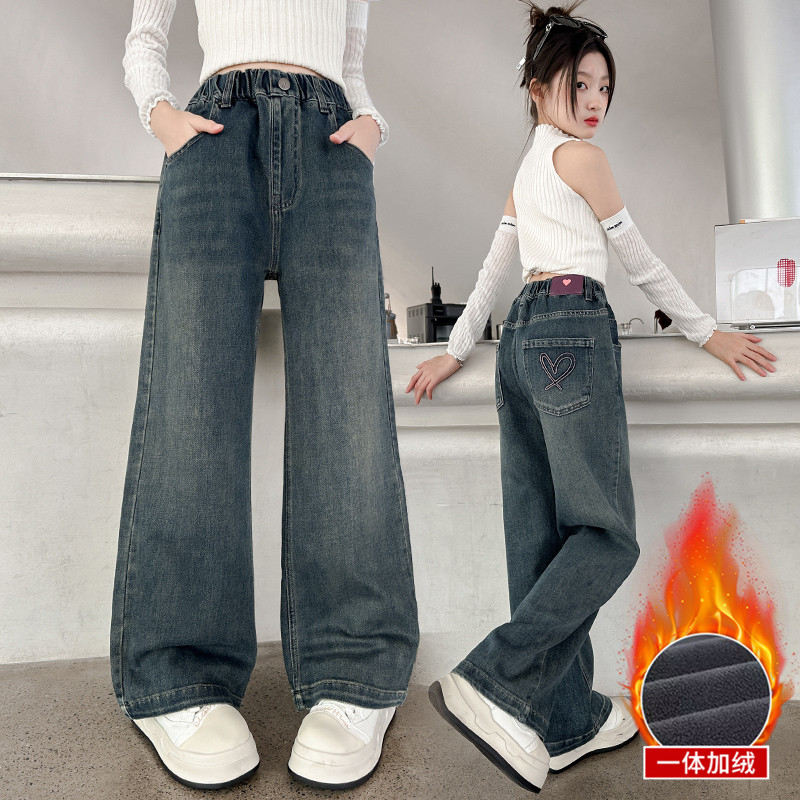 女童加绒牛仔裤窄版直筒阔腿裤冬