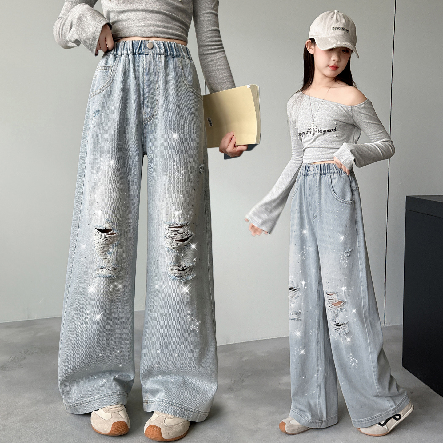 初中学生春夏满天星烫钻牛仔裤女童破洞阔腿裤洋气中大童直筒长裤