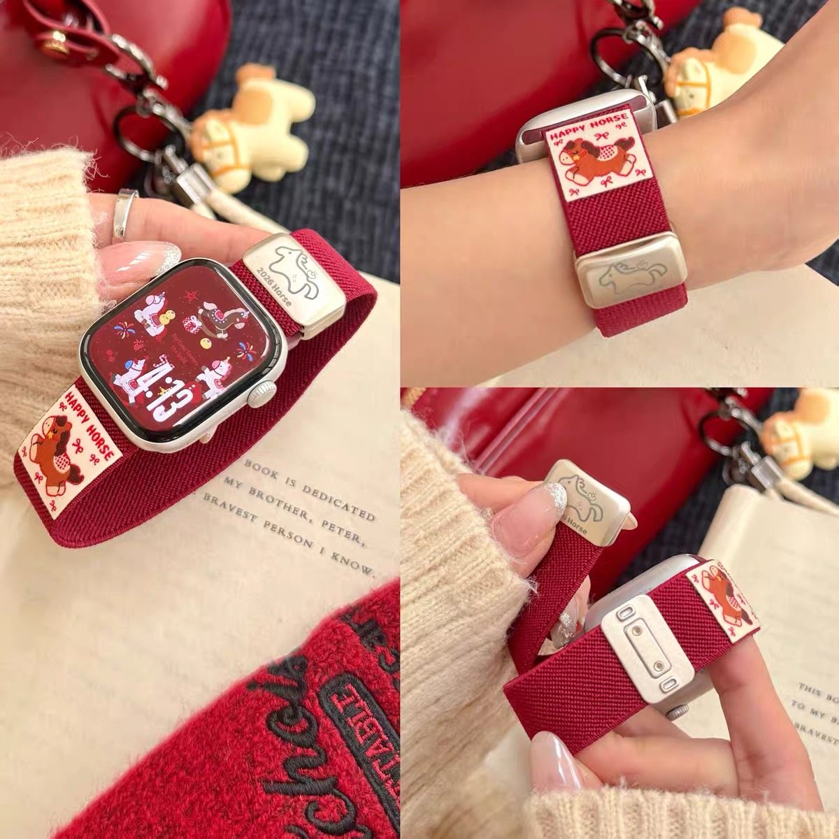 适用苹果手表S11/10编织磁吸表带applewatch9876新年红iWatch腕带,手表,配件,淘宝优惠券,粉丝福利购,淘宝优惠卷