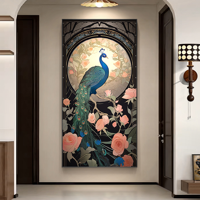 法式复古风孔雀入户玄关装饰画轻奢高级感走廊过道挂画花卉客厅画图片