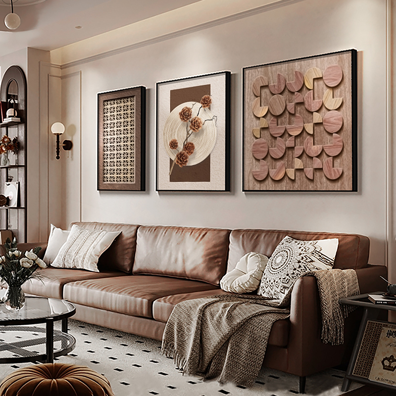 花卉浮雕立体感客厅装饰画现代抽象沙发背景墙壁画侘寂风三联挂画