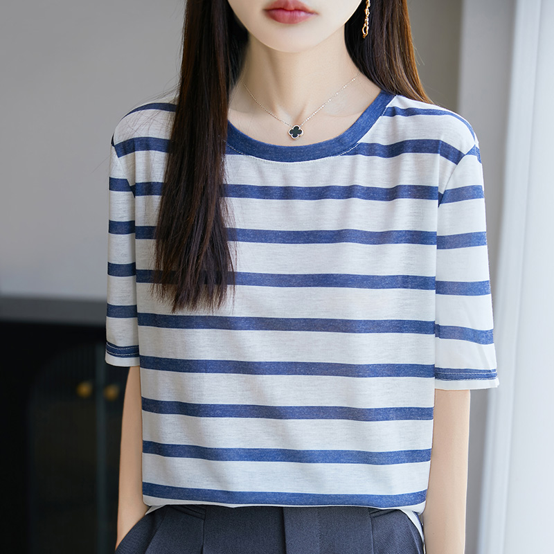 爆款2025夏季新款圆领条纹短袖t恤女宽松薄款莱赛尔天丝针织衫上