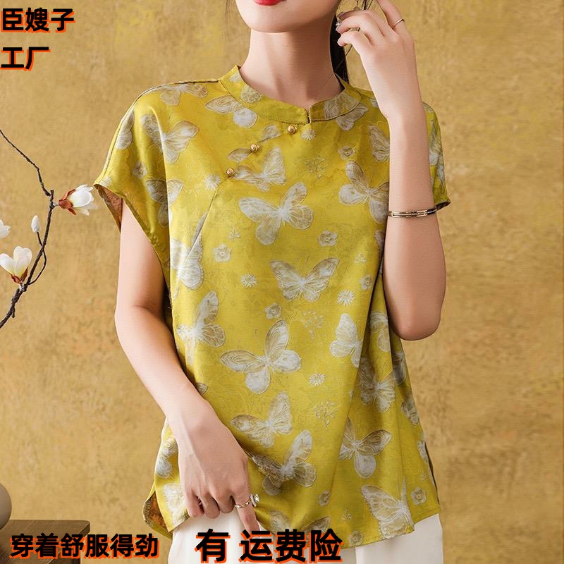 爆款新中式醋酸缎面印花短