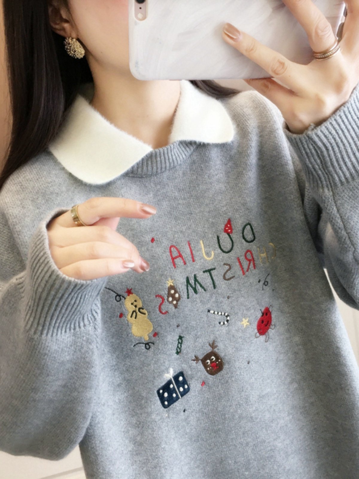 秋季2025新款娃娃领假两件上衣女士毛衣冬装加厚爆款内搭新年春节