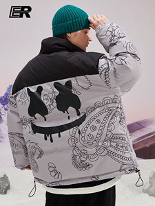 ER腰果花印花立领短款羽绒服男2022新款拼接撞色外套国潮牌情侣装