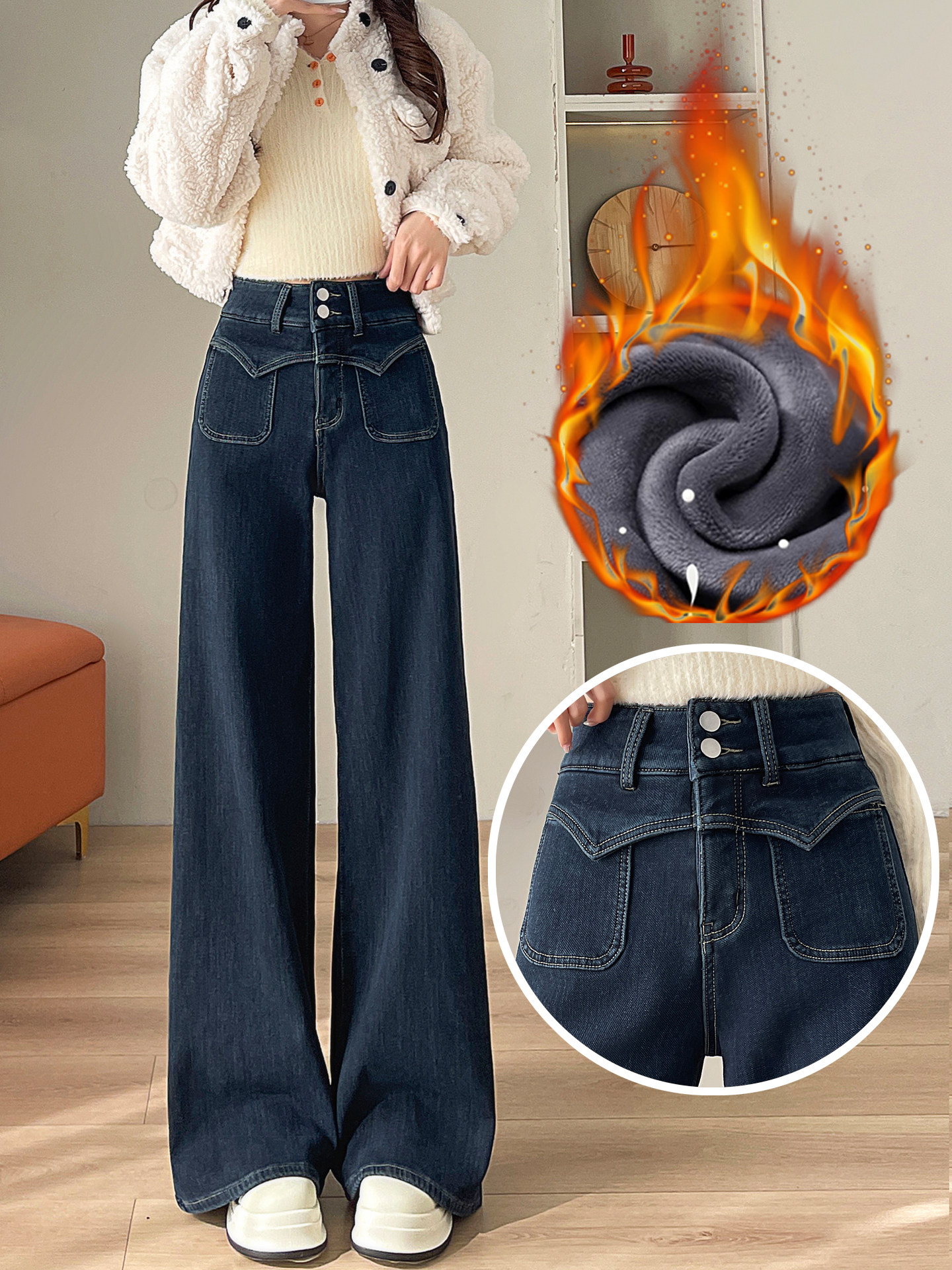 Fleece lined and thickened straight leg jeans for women, autumn/winter 2025 new Korean style, slimming, loose design, wide leg pants