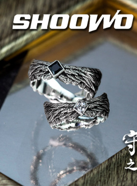 手午原创｜天使守护羽毛925银情侣男女对戒指双面个性创意礼物