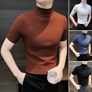 半高领短袖T恤男士红色毛衣新款2025爆款春秋男款西装打底针织衫