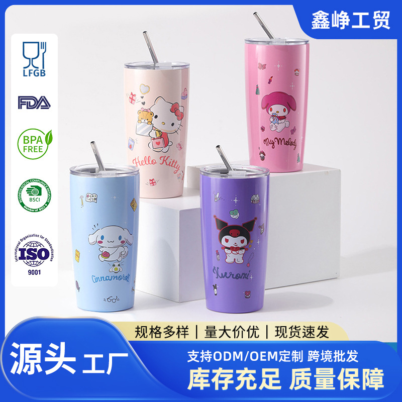 新款20oz卡通图案三丽鸥儿童高颜值公仔吸管杯双饮不锈钢保温杯女