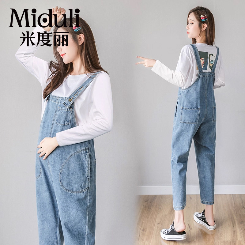 孕妇裤子春夏薄款外穿牛仔背带裤套装不勒肚子小个子阔腿长裤夏装