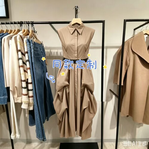同款定制连衣裙2026夏季新腰带含垫肩翻领压褶A字裙3262SZ003_DU