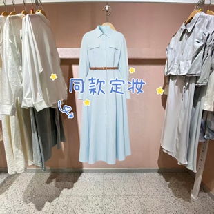 时尚女装2026春新款天丝麻大摆量蓝色翻领女士连衣裙1H2990161-GJ