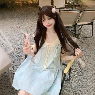 甜美少女一整套穿搭宽蝴蝶结印花超仙a字背带裙 夏季 绑带针织