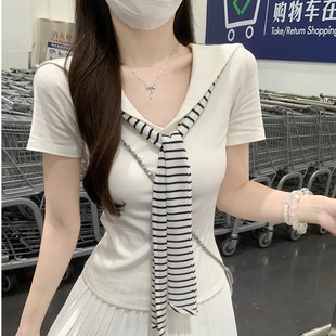 上衣女装 甜美学院风海军领别致飘带T恤女夏季 小众不撞衫 新款 时尚