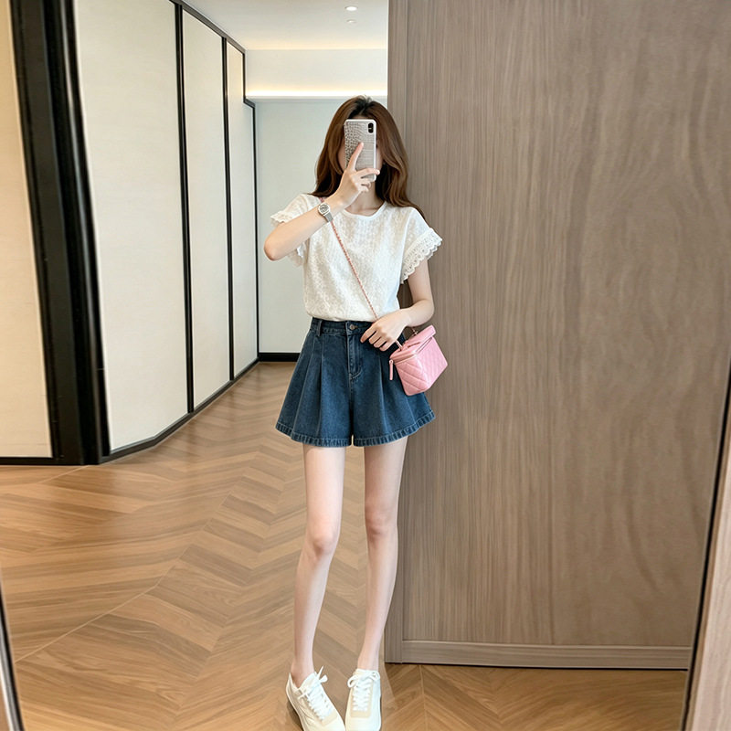 网红洋气炸街时尚女装白色提花针织衫女2026新款复古牛仔裙裤套装