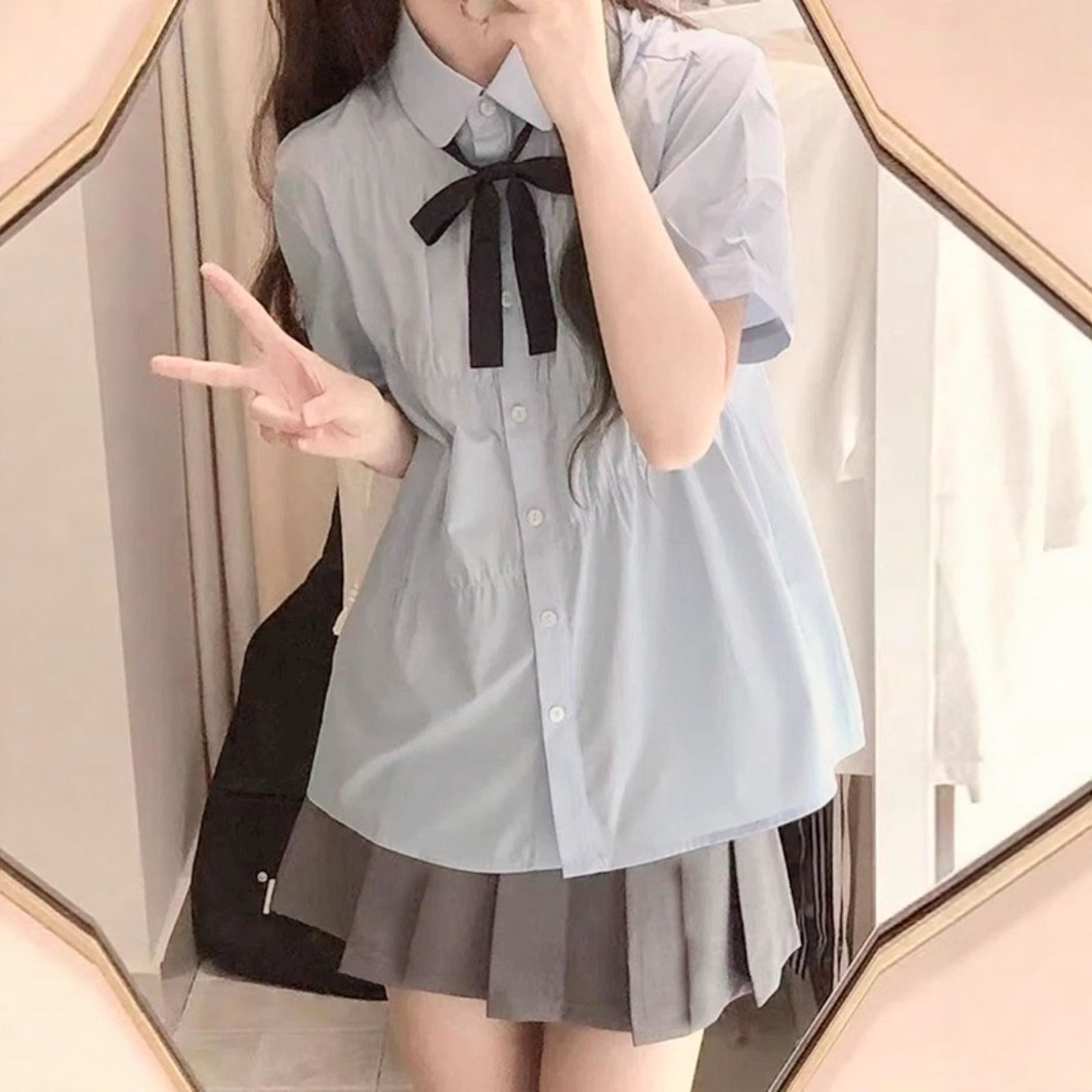 夏季新款蓝色学院风格短袖衬衫韩系甜美可爱娃娃领JK制服上衣