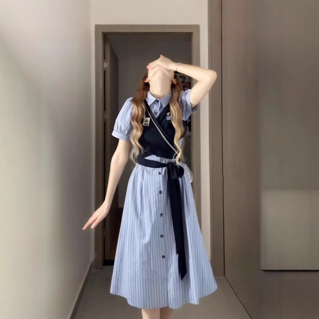 学院风穿搭一整套收腰超仙衬衫连衣裙叠穿短裤绑带背心马甲女