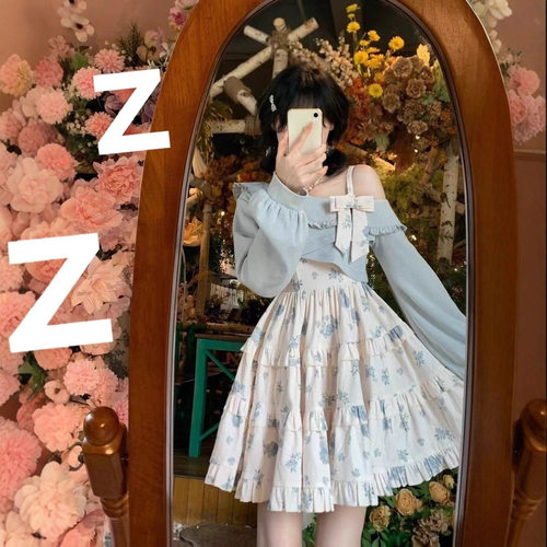 洛丽塔连衣裙秋冬新款学院风碎花吊带裙甜美露肩蓬蓬蛋糕裙少女裙