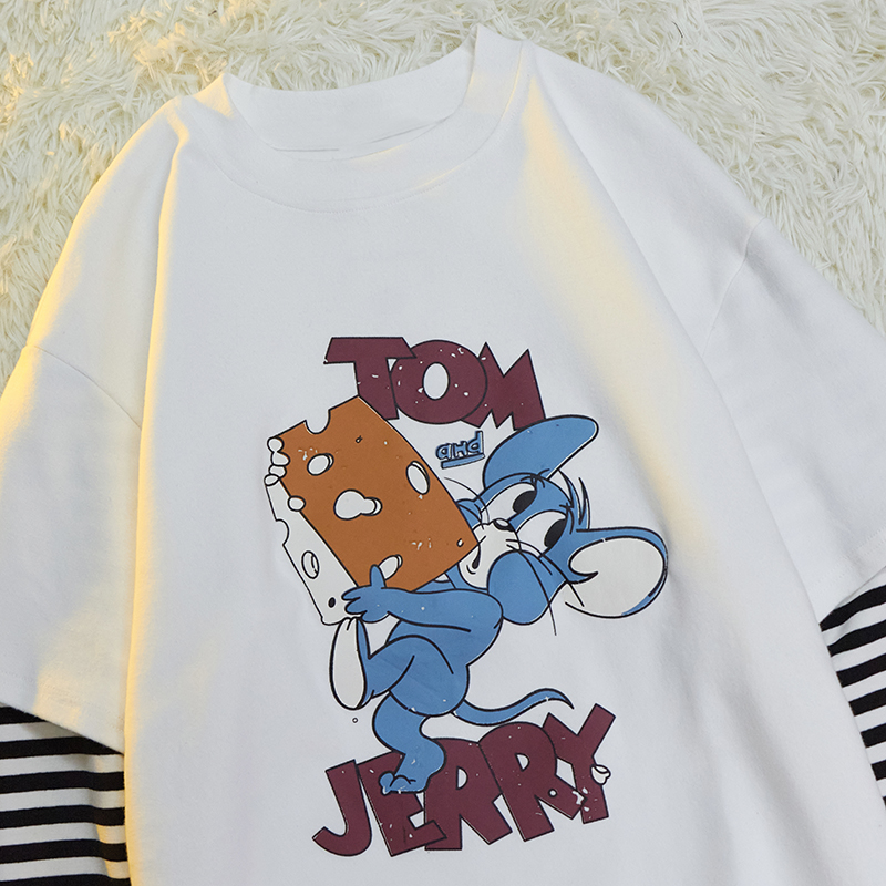 Real price cotton 2021 spring new cartoon printing striped sleeve fake two long sleeve t-shirts