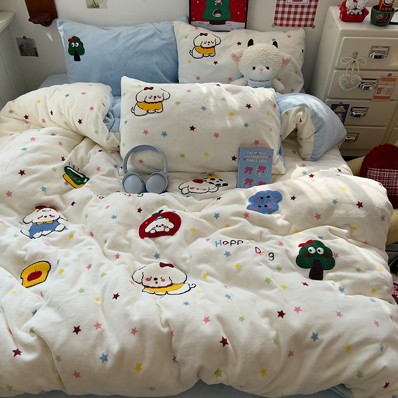 ins卡通毛巾绣加厚牛奶绒床上用品四件套保暖单人学生宿舍三件套