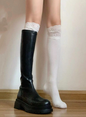 蕾丝小腿袜子女秋冬季纯棉中筒袜配靴子的袜子靴袜春秋过膝长筒袜