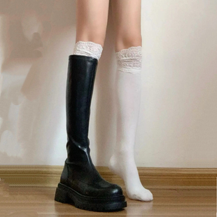 蕾丝小腿袜子女秋冬季纯棉中筒袜配靴子的袜子靴袜春秋过膝长筒袜
