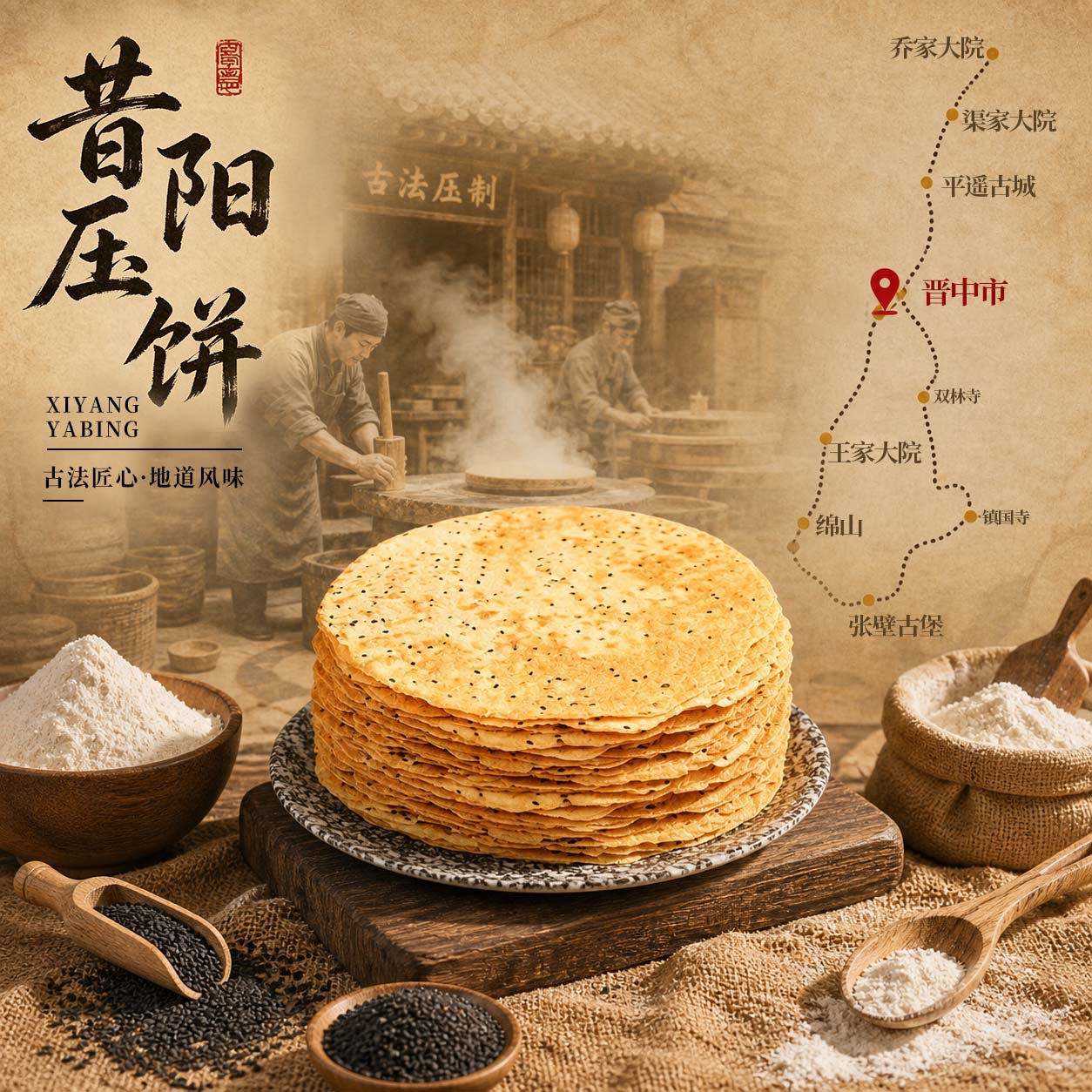 山西特产够晋昔阳压饼0添加剂香葱香辣手工芝麻烧饼香酥脆薄饼干