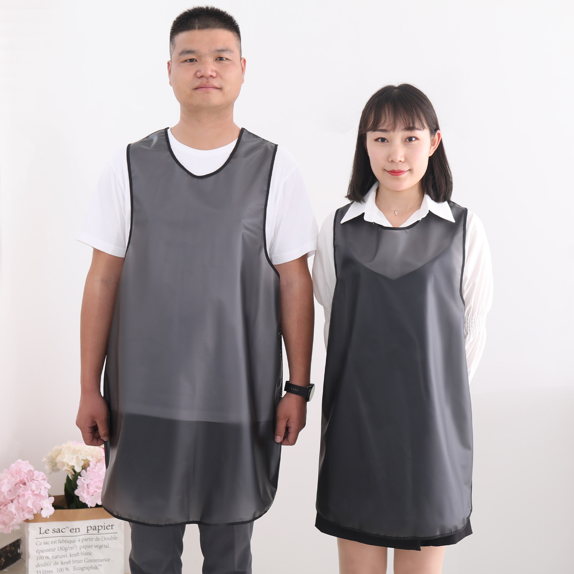 新款围裙男女PU防水防油工作服洋气厨房家用加肥加长透气无袖罩衣