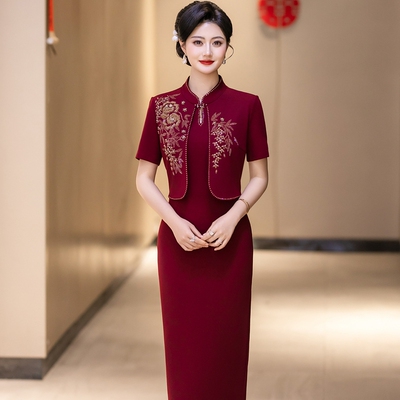 夏季年轻妈妈礼服时尚高贵喜婆婆婚宴装中老年短袖假两件连衣裙女